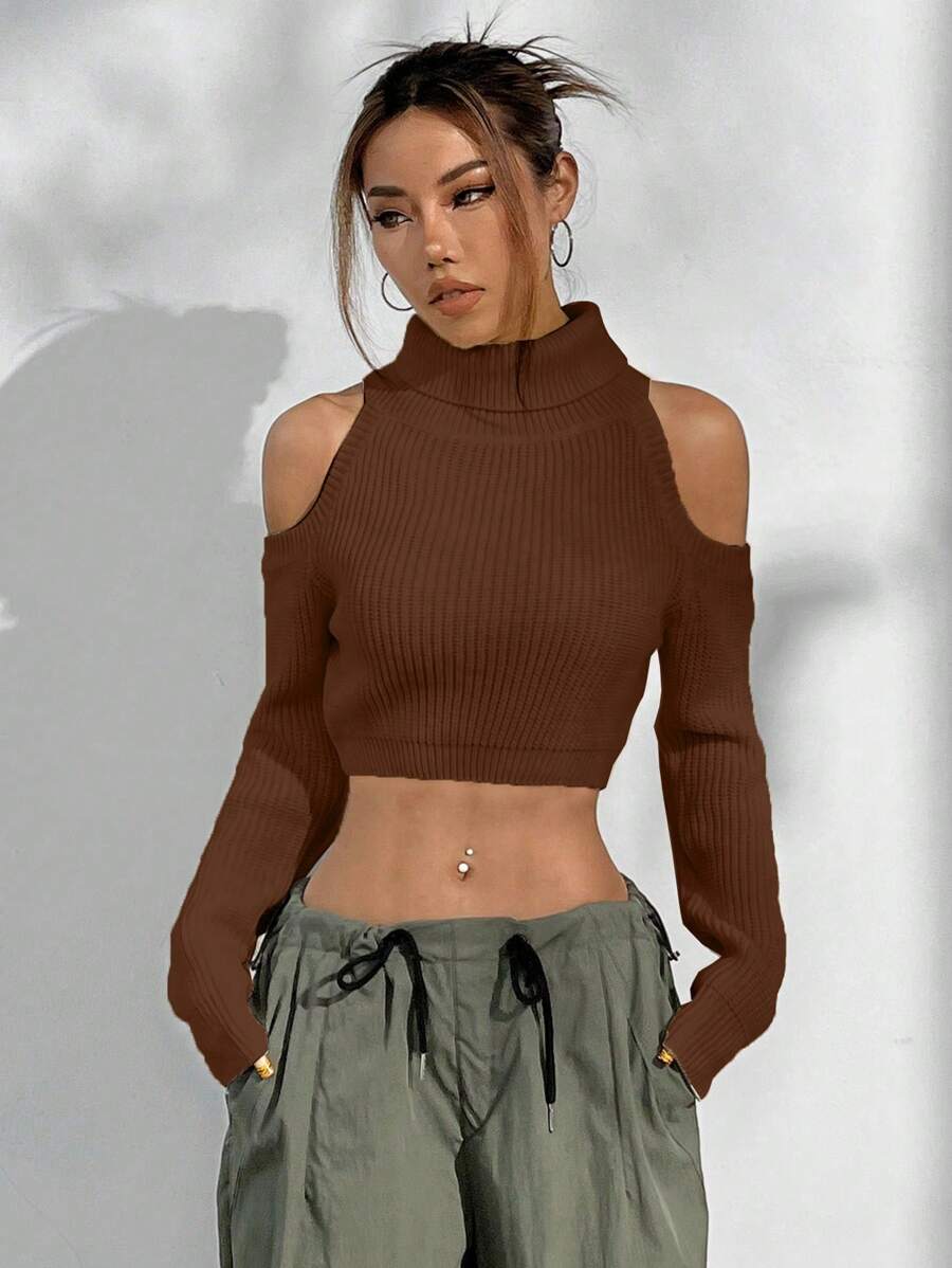 Flirla Damen lässiger Alltags Rollkragen Mode Schulterfreier Kurz-Pullover, geeignet für Herbst und Winter Strick-Pullover - Kaffeebraun - Übersicht 1