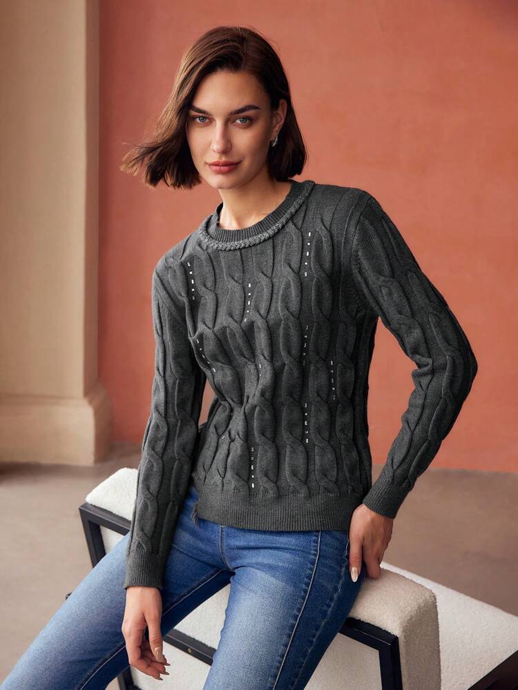 WOOL SOLID RHINESTONE DETAIL CABLE KNIT SWEATER, KNIT PULLOVER FALL WINTER