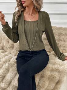 SHEIN Clasi 1pc Women Fleece Waffle Knit Hooded Sweatshirt In Fall/Winter - Army Green - View 6