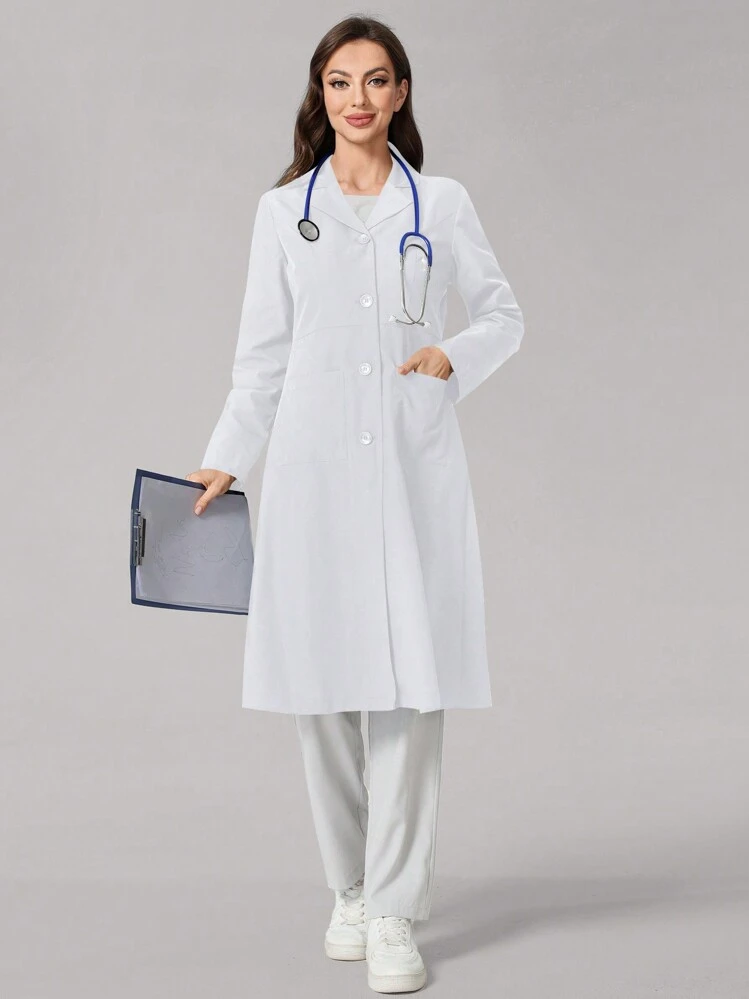 TaskEZ Plain Collar Dual Pocket Mid-Length Laboratory Coat | SHEIN