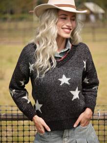 LanaWest Women's Casual Colorblock Star Pattern Sweater For Autumn/Winter