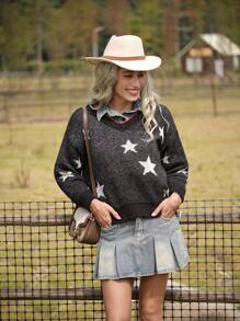 LanaWest Women's Casual Colorblock Star Pattern Sweater For Autumn/Winter