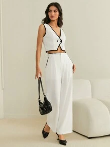 SHEIN Essnce 2 Áo không tay tương phản dành cho nữ và quần ống đứng tương phản, áo vest cài nút phía trước có họa tiết, áo vest mùa thu mới có áo vest, áo mùa thu, kẻ caro, cơ bản, vải lanh, đi làm, tối giản, văn phòng, phong cách cũ, đơn giản, - trắng - Xem 6