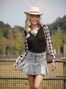 LanaWest Blusa de mujer LanaWest de ajuste regular, casual, a cuadros y con bloques de color, para primavera/otoño