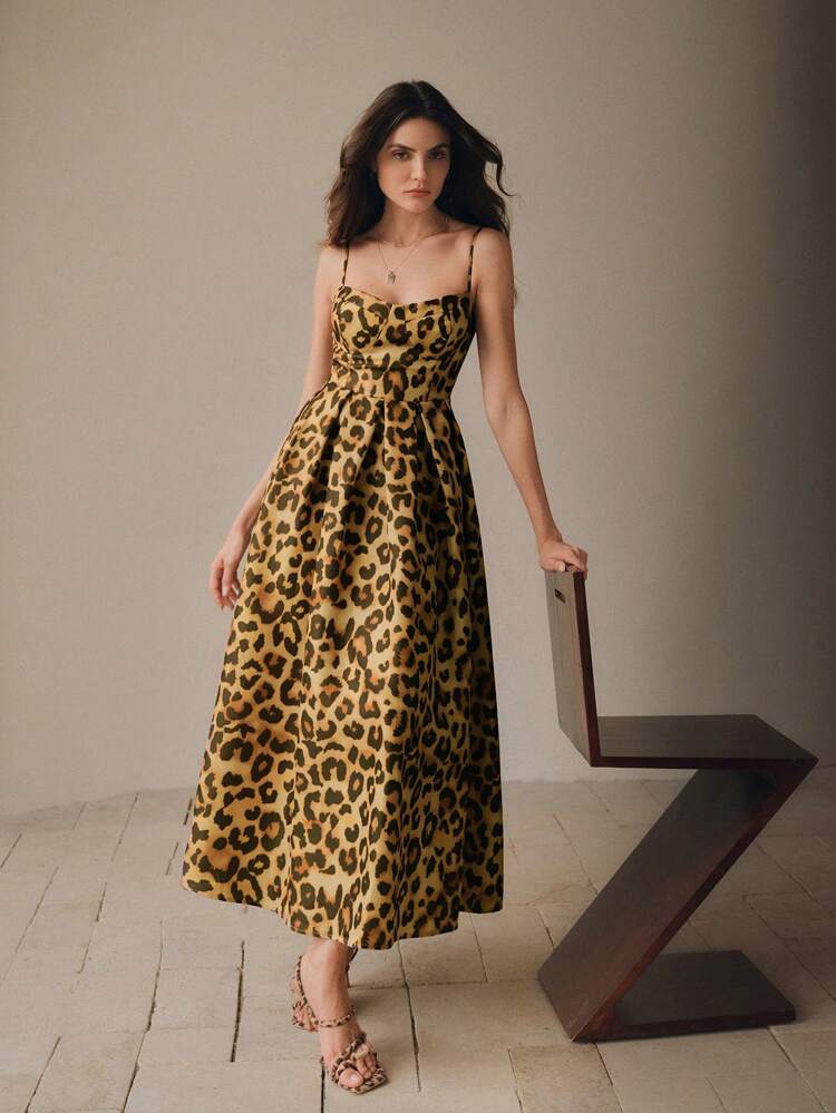 Women's Leopard Print Dress, Spaghetti Strap, Elegant And Fashionable, Summer Maxi Women Outfit
