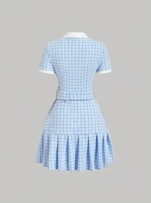 SHEIN MOD Vintage Plaid Patchwork Pleated Short Sleeve Dress Back To School Clothes School Outfits Old Money Style - Blue and White - View 2