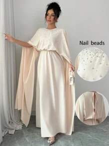 Chiquease Đầm Maxi Dự Tiệc Tay Cánh Dơi Đính Ngọc Trai Thanh Lịch Cho Nữ, Eo Dài, Trang Phục Nữ - Màu be - Xem 1
