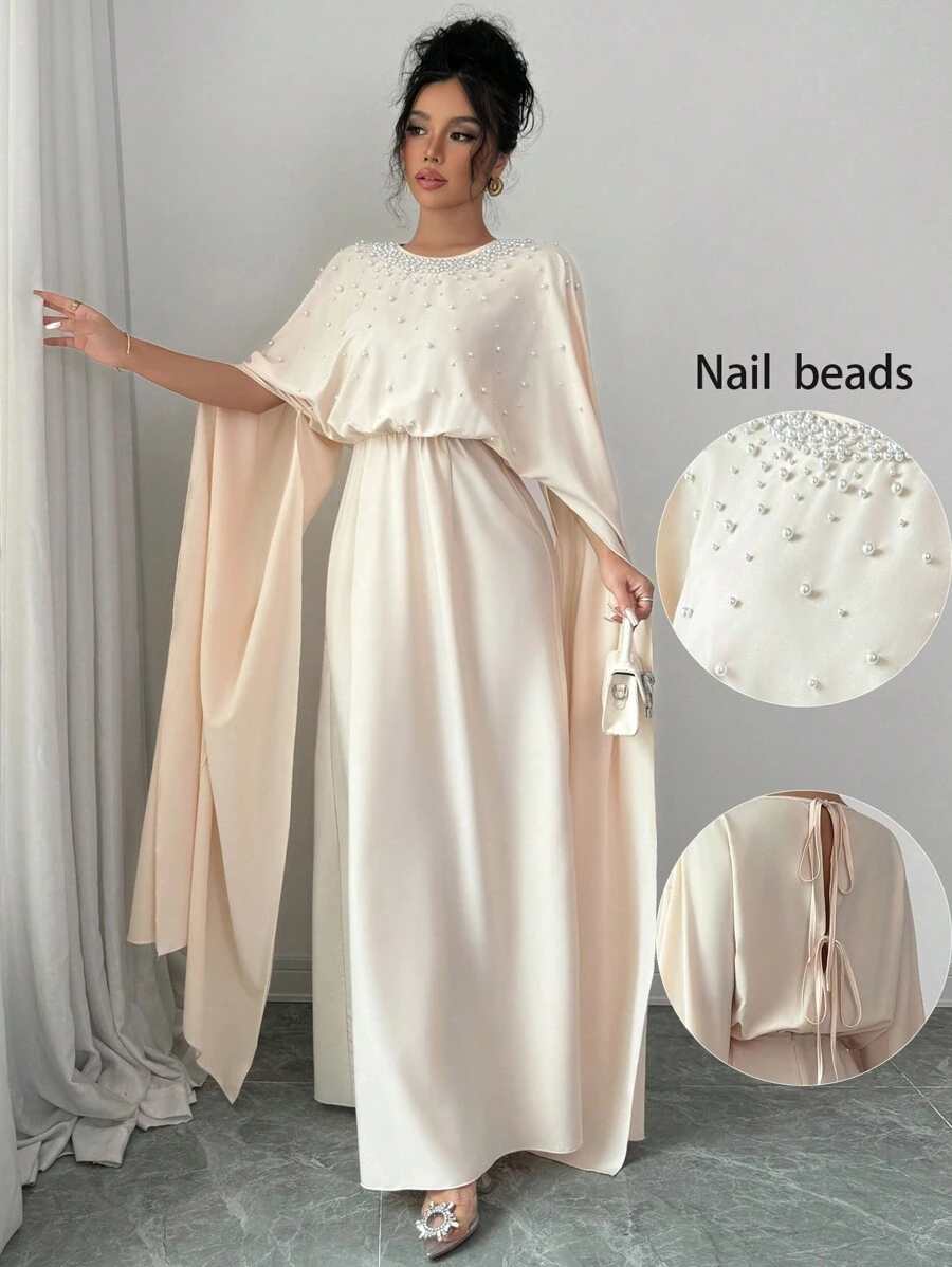 Chiquease Đầm Maxi Dự Tiệc Tay Cánh Dơi Đính Ngọc Trai Thanh Lịch Cho Nữ, Eo Dài, Trang Phục Nữ - Màu be - Xem 1