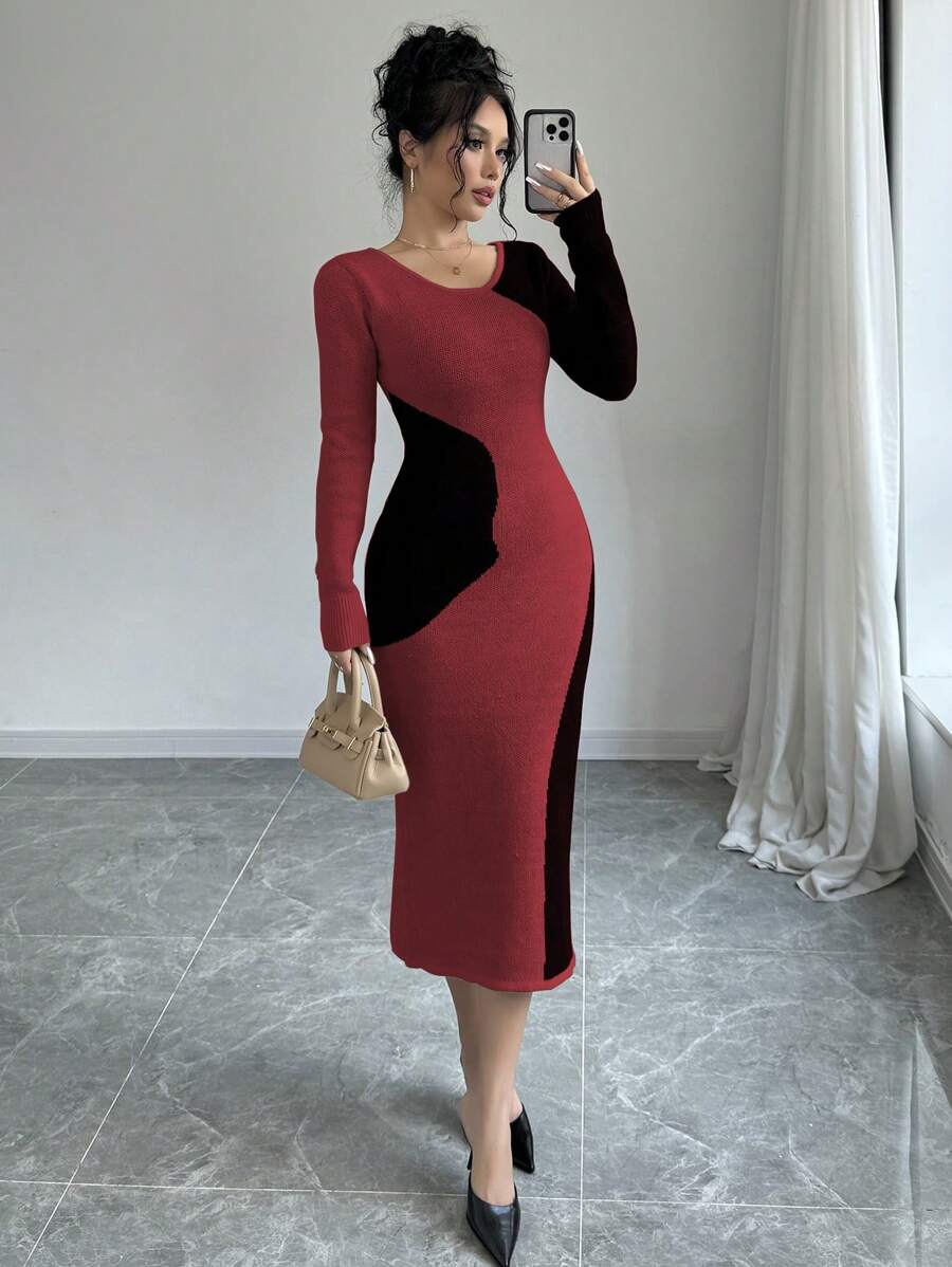 Elenzga 女士时尚拼色修身圆领毛衣连衣裙新年服装 - 紅色 - 查看 1