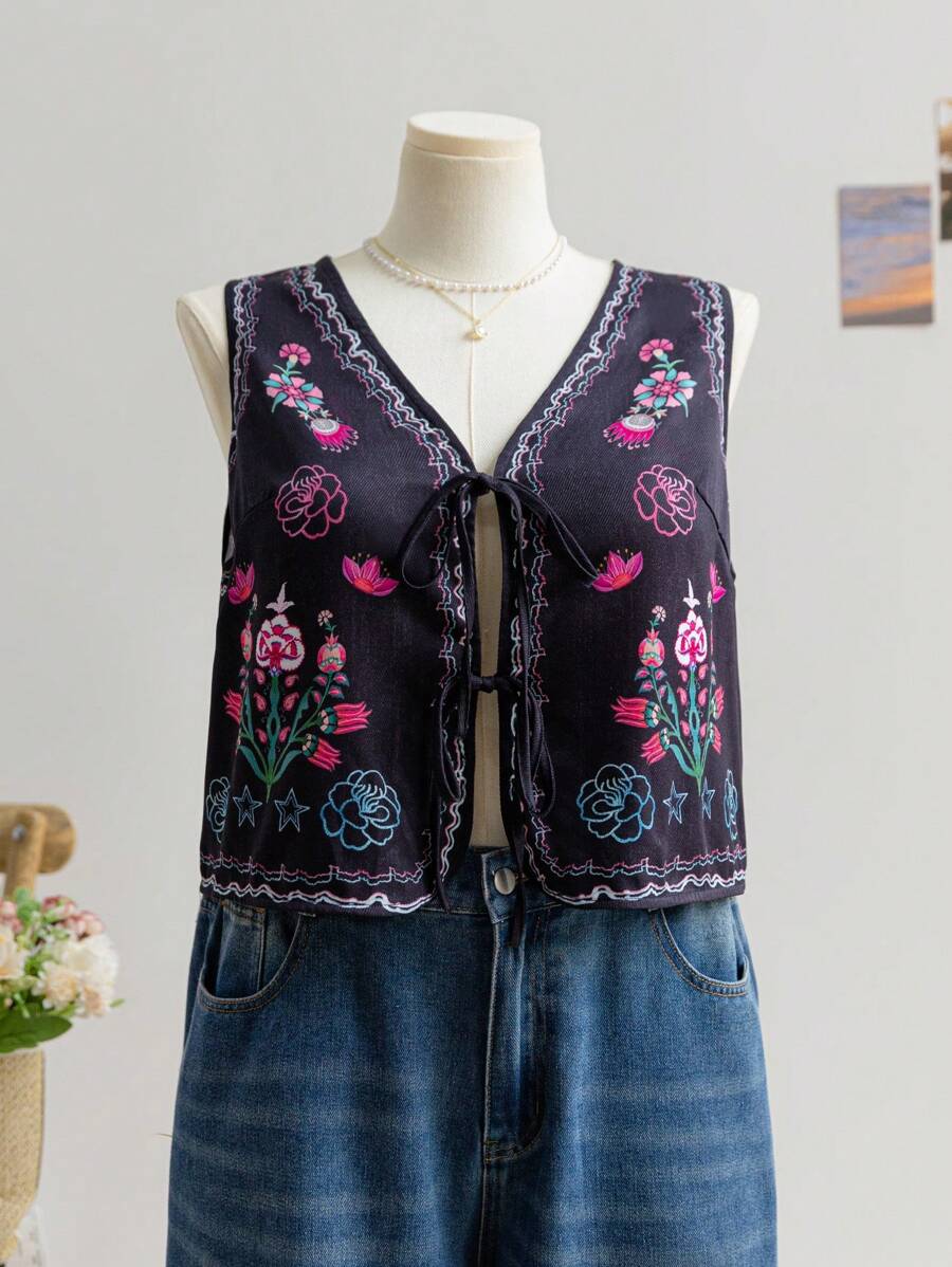 Soleia 大码女式复古彩色花卉印花无袖V领开襟系带蝴蝶结上衣，适合度假、秋冬季、感恩节和圣诞节穿着。 - 彩色 - 查看 1