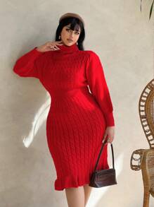 SHEIN Clasi Gaun Sweater Ukuran Besar Bergaya dengan Leher Tinggi, Lengan Lentera, dan Hem Berkerut, Cocok untuk Pakaian Tahun Baru dan Musim Dingin. - Merah - View 5