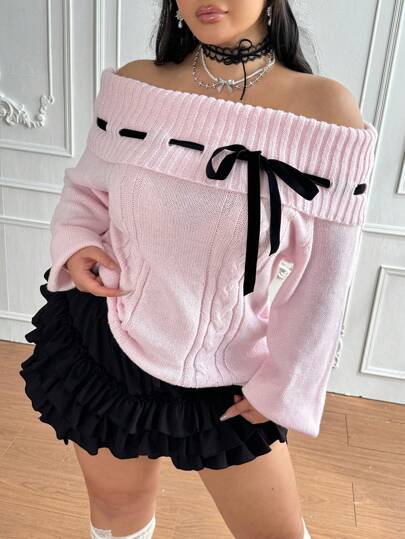 Lyrianda 大码时尚露肩系带罗纹针织毛衣，撞色设计，性感百搭，秋冬针织套头衫