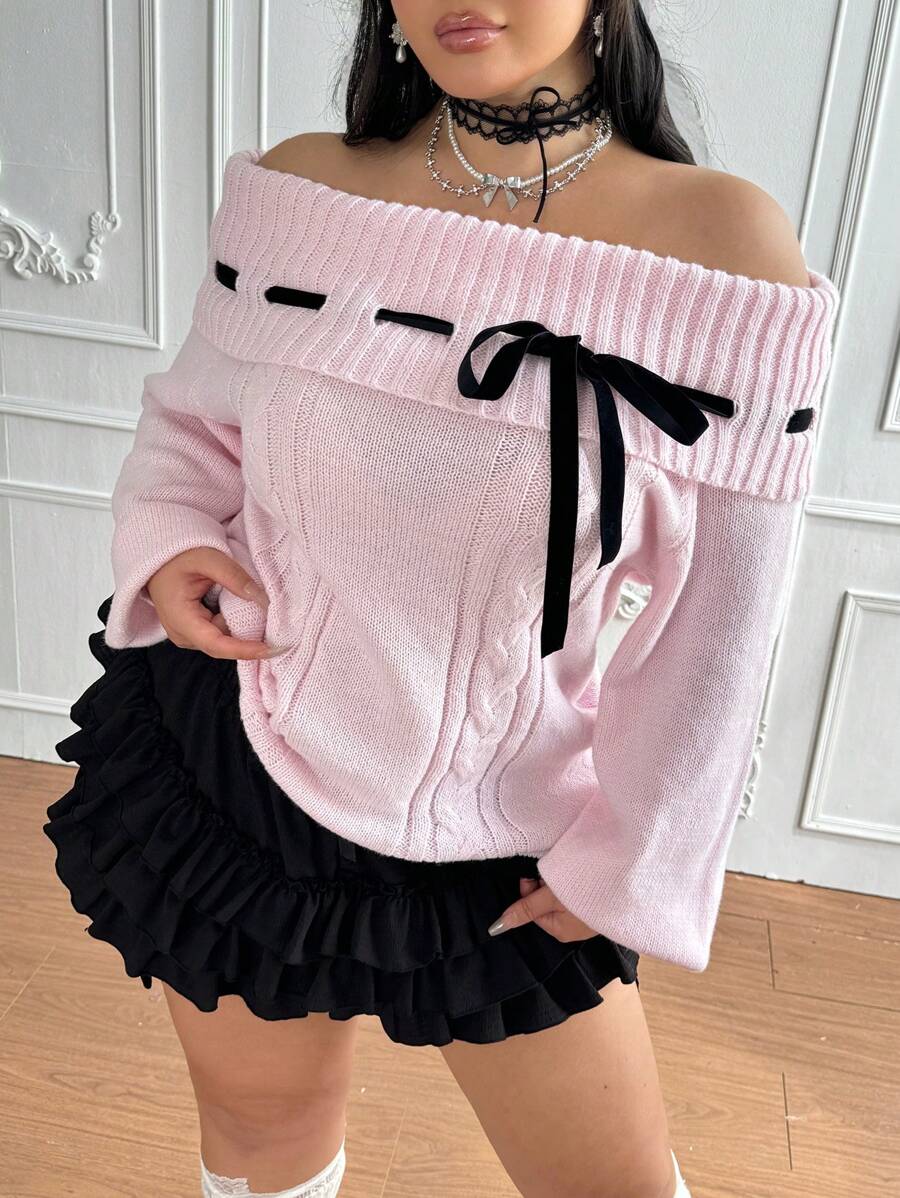 Lyrianda Plus Size Fashionable Off Shoulder Lace-Up Rib Knit Sweater With Color Block For Women, Sexy Design, Autumn/Winter Knit Pullover Fall - Pink - View 1
