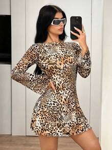 SHEIN ICON Y2k Sexy Long Sleeve Backless Holiday Leopard Print Mesh Thanksgiving Party Mini Dress - Multicolor - View 5