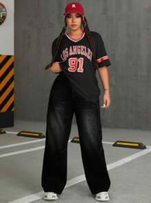 SHEIN ICON 加大码前扣口袋保暖内衬感恩节圣诞节休闲宽松阔腿牛仔裤 - 黑色 - 查看 5