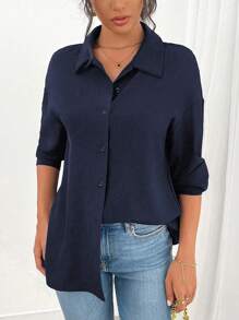 SHEIN Clasi Autumn Casual Solid Color Back Pleat Patchwork Shirt Fall Cloth For Women - Navy Blue - View 5