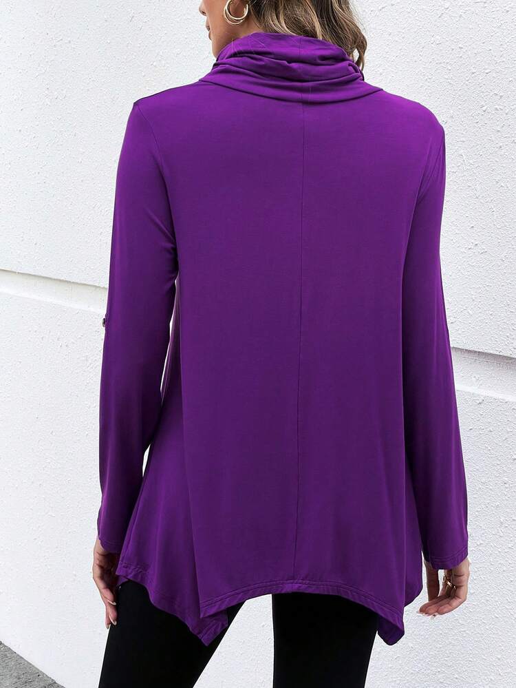 Women Casual Plain Solid Color Lapel Asymmetrical Hem Long Sleeve T-Shirt, Autumn