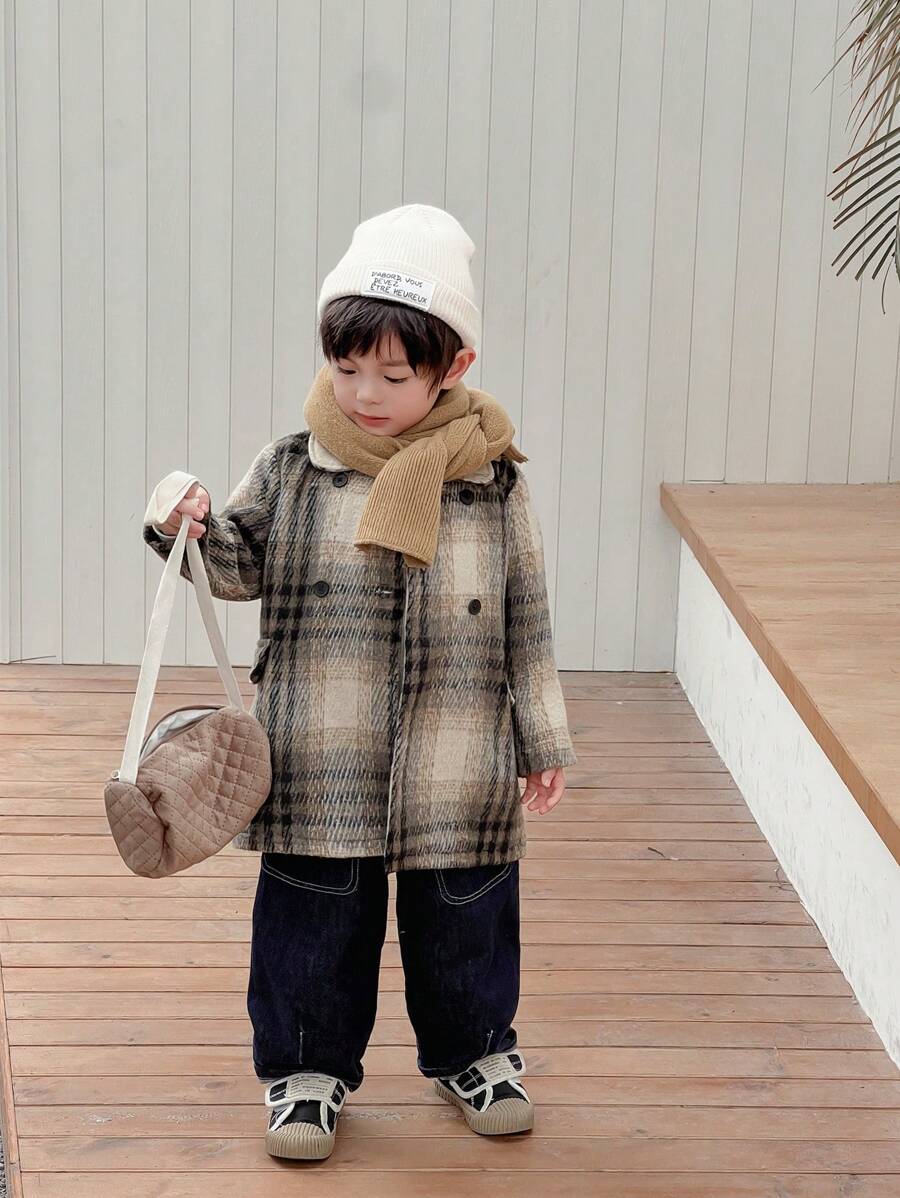 SHEIN 年轻男孩休闲舒适拉绒格子宽松翻领双排扣纽扣加厚大口袋大衣，适合街头风格和日常穿着，保暖防风，适合秋冬季 - 彩色 - 查看 1