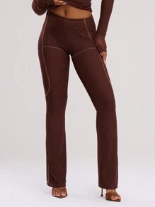 MUSERA Sheer Stitched Flare Trousers Summer Casual - Coffee Brown - View 2