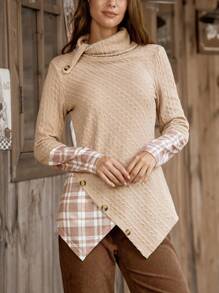 LanaWest LanaWest Damesmode Casual Losse T-shirt met Lange Mouwen, Opstaande Kraag, Knoopmanchetten, Patchwork Plaid Print, Asymmetrische Zoom, Herfst/Winter