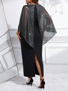 EMERY ROSE 大码冬季女式简约纯色圆领斗篷设计时尚连衣裙、优雅女装、长款女装 - 黑色 - 查看 2