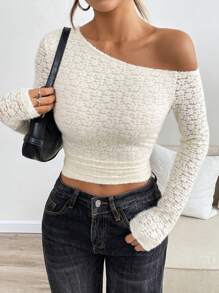 Lunelith SHEIN Lunessa Top pour femme à manches longues ajusté, en tricot à épaules obliques, en laine polaire ajourée, en jacquard, confortable, polyvalent, apricot, adapté à l'automne/hiver