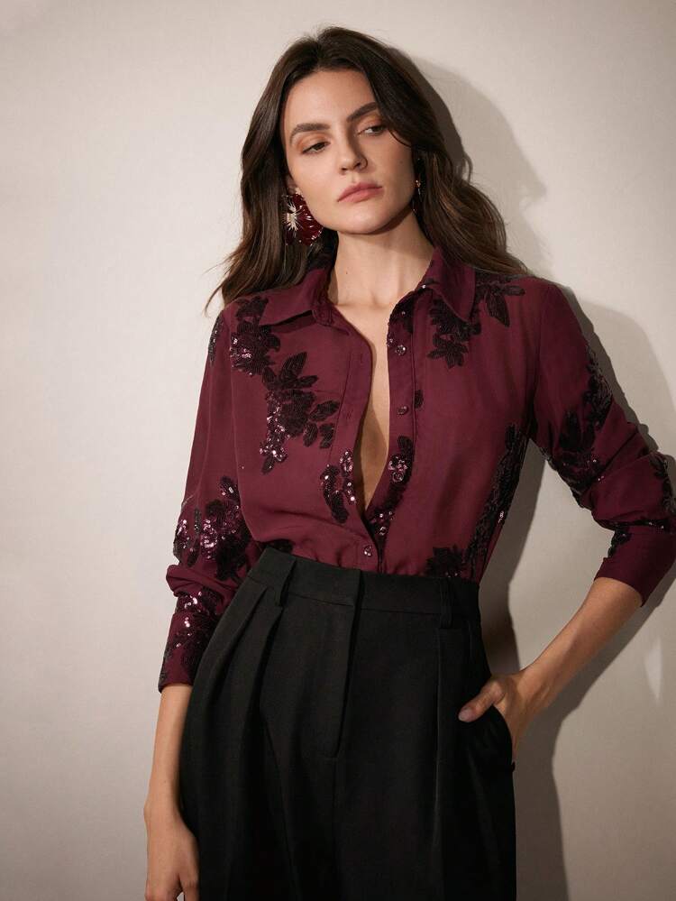 French Elegant Rose Beaded Embroidery Sheer Blouse Women Shirt, Christmas