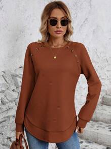 SHEIN LUNE Women's Casual Everyday Raglan Button Decor Sweatshirt, Autumn - Rust Brown - View 4