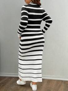 Flirla 大码立领长袖条纹简约长款毛衣裙，休闲修身，适合冬季 - 黑與白 - 查看 2