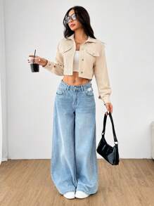 SHEIN PETITE Spring Outfits Drop Shoulder Flap Detail Crop Corduroy Jacket In Fall/Winter - Apricot - View 6