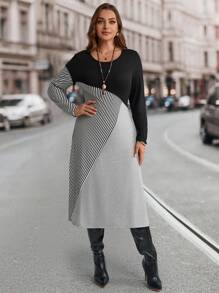 EMERY ROSE Plus Size Solid Color Patchwork Round Neck Long Sleeve Casual Dress Winter Dress