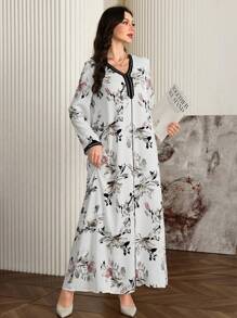 Al Najma Ladies Floral Print V-Neck Patchwork Arabian Dress, Modest Long Sleeve Elegant Tunic Kaftan Jalabiya Arabian Dresses, For Evening Party/Wedding Guest/Anniversary/Daily - Multicolor - View 7