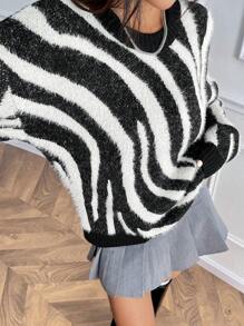 Chiquease Suéter casual de mujer con estampado de cebra, cuello redondo, contraste de color, textura esponjosa, para otoño/invierno
