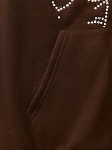 Fashionable Oversized Tween Girl Rhinestone Skull Graphic Casual Pullover Hoodie, Long Sleeve - Brown - View 5