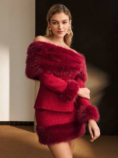 MOTF Soiréza TWEED FLUFFY PANEL OFF SHOULDER JACKET｜Motf