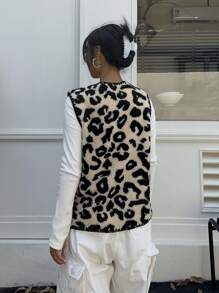 SHEIN Essnce 秋季女式豹纹毛绒背心夹克，猎豹印花背心春秋宽松休闲外套 - 卡其色 - 查看 2