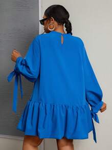 Slaydiva Đầm mini tay dài màu vàng trơn dáng rộng, buộc nơ, viền bèo nhún đôi, thích hợp cho những dịp trang trọng, ngày lễ và tiệc tùng, cỡ lớn dành cho phụ nữ, mùa xuân và mùa thu - Màu xanh lam - Xem 2