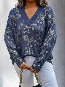 SHEIN LUNE 大码休闲日常V领落肩碎花图案毛衣，秋冬针织套头衫 - 藍色 - 查看 4