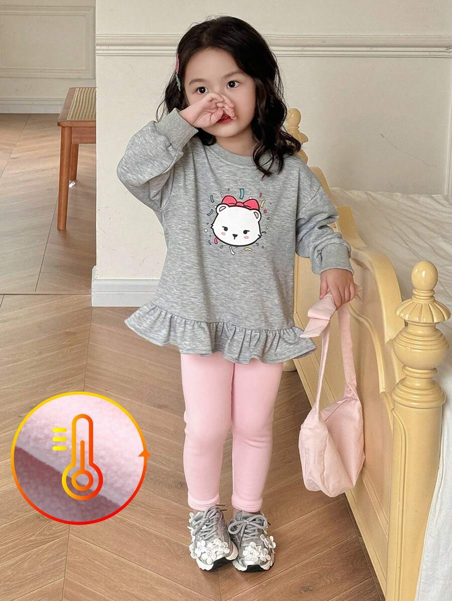 DAZY 2件套女童圆领针织印花秋季套装，带保暖内衬 - 灰色 - 查看 1