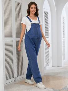 SHEIN Pregnant Women Casual Distressed Bib Overall Denim Pants - Medium Wash - View 5