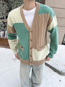 Claim Dot Men's Casual Daily Sporty Contrast Color Pockets Button Front Cardigan Sweater,Autumn - Khaki - View 6