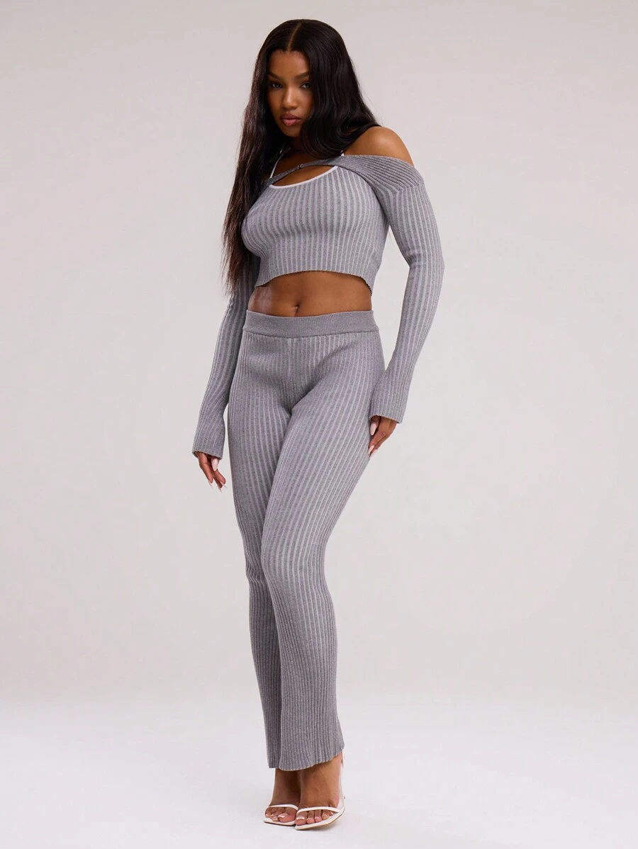 MUSERA Ribbed Flare Knit Trousers  Summer Vacation - Dark Grey - View 1