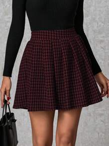 Cottnline 100% Cotton Women's Houndstooth Patterned Knitted Mini Skirt With Elastic Waist - Red - View 5