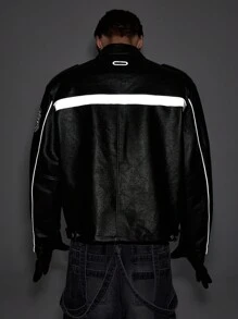 NEON BLANC Men's Oversized Black Woven Leather Long Sleeve Letter Zip Jacket, For Fall Winter, Outdoor, Spring - Black - View 3