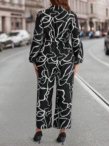 EMERY ROSE Plus Size Front Button Closure Full Print Elegant Jumpsuit,Winter Clothes For Women - Black and White - View 2