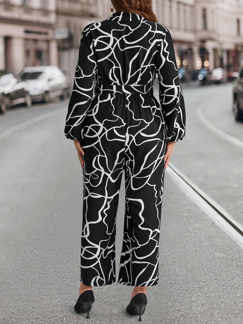 Plus Size Front Button Closure Full Print Elegant Jumpsuit,Winter Clothes For Women