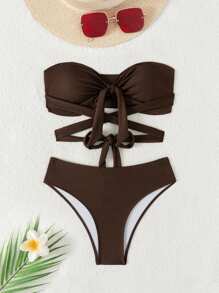 Swim SXY Women's New Ribbed Sling Halter Neck Tie-Front Bikini Set Summer