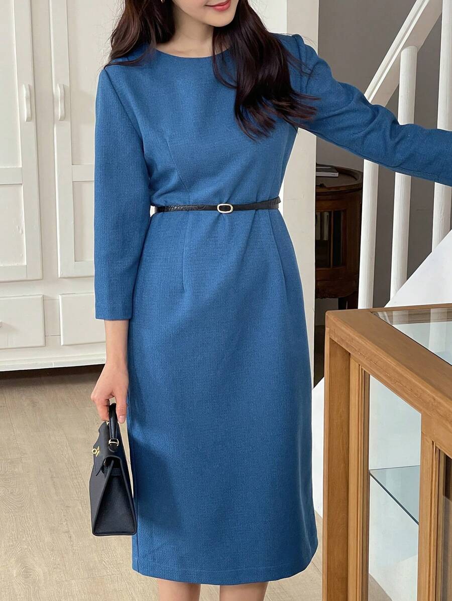 DAZY 1 件女士纯色长袖简约休闲长款淑女风收腰连衣裙，秋季服装 - 藍色 - 查看 1