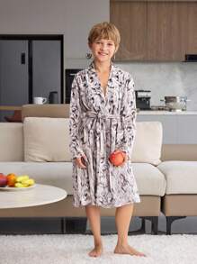 Boys' Tie-Dye Style Plush Warm Long Sleeve Robe Pajama, Fashion & Simple Design For Teenager