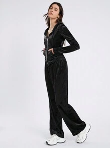 SHEIN EZwear 女士拉链门襟抽绳连帽上衣和裤子套装 - 黑色 - 查看 4